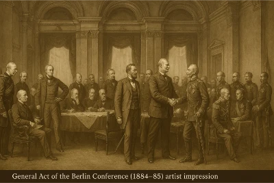 Sepia artist impression of the Berlin Conference (1884–85): European diplomats in a grand hall crowd a treaty table as two plenipotentiaries shake hands over maps of Africa; clerks draft protocols—no African delegates are present.