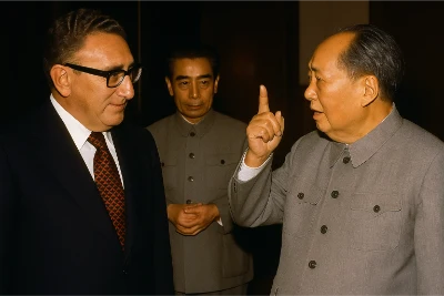 Henry Kissinger stands at left in a dark suit and glasses as Mao Zedong, at right in a gray Zhongshan suit, raises his index finger while speaking; Zhou Enlai stands between them, observing—an image evoking the early-1970s U.S.–China rapprochement.