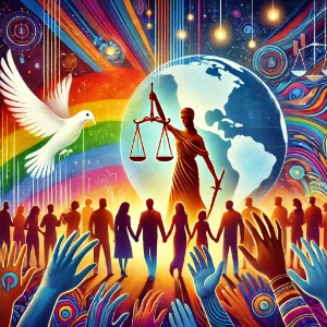 Diverse people holding hands beneath Lady Justice and a glowing globe, with raised hands, a white dove, and a rainbow symbolizing peace and equality.