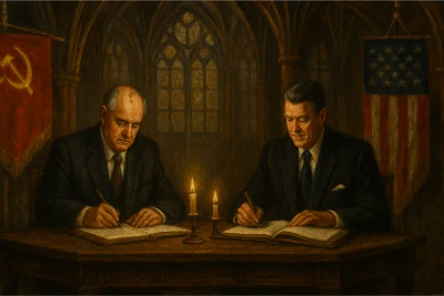 Stylized illustration of the 1987 INF Treaty signing: Mikhail Gorbachev and Ronald Reagan sit at a dark table under U.S. and Soviet flags, each signing documents with pens poised, evoking the Washington ceremony that eliminated an entire class of nuclear missiles.