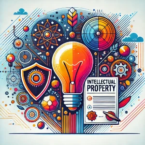 Colorful illustration of a glowing lightbulb with gears, shield, and a legal document labeled “Intellectual Property,” symbolizing invention protection and IP rights.