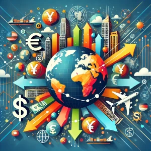 Colorful globe surrounded by currency symbols, arrows, airplanes, ships, and skyscrapers—illustrating global trade and international business flows.