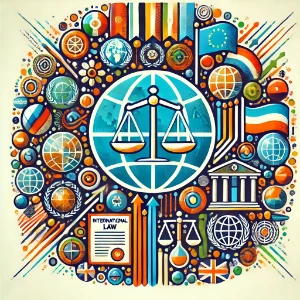 Illustration of a globe with scales of justice surrounded by flags, treaties, and international institutions, symbolizing global governance and international law.
