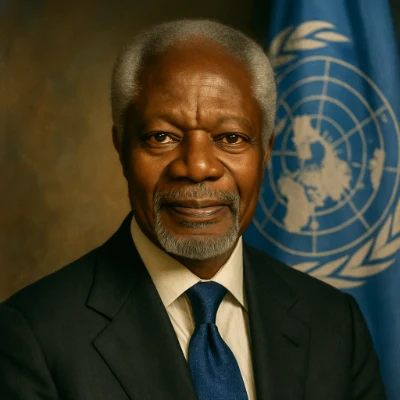 Formal portrait of Kofi Annan in a dark suit and blue tie, smiling gently with the United Nations flag visible behind him.