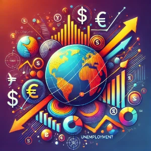 Colorful macroeconomics illustration with a globe surrounded by charts, currency symbols, arrows, and indicators like inflation and unemployment.