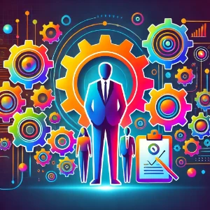 Colorful abstract illustration of a business manager standing in front of gears, representing leadership, teamwork, and operational coordination.