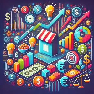 Colorful microeconomics illustration with a small shop, supply-and-demand arrows, bar and pie charts, price tags, money, and scales.