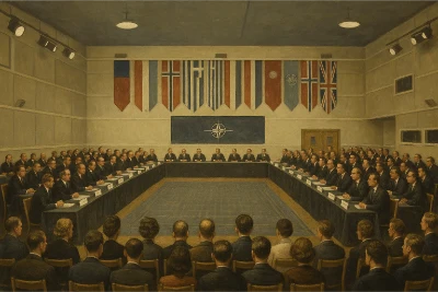 Realistic painting of a NATO council hall in 1955 with delegates seated around a large U-shaped table beneath allied flags; a placard for the Federal Republic of Germany signals its entry as members confer, foreshadowing creation of the rival Warsaw Pact.