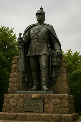 Bronze statue of Otto von Bismarck wearing a Pickelhaube helmet and cloak, standing on a rough-stone plinth with a sword in his right hand and a dispatch case at his left; plaque reads “OTTO VON BISMARCK 1815–1898,” with trees and an overcast sky behind.
