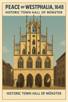 Peace of Westphalia info panel showing Münster’s historic town hall with facts: treaties of Osnabrück and Münster, drafted 1646–1648, signed 24 October 1648, location Westphalia in the Holy Roman Empire, 109 parties, language Latin.