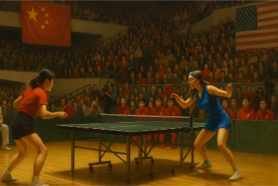 Realistic painting of a 1970s table-tennis match in a crowded arena: a Chinese player in red rallies against an American player in blue across a green table, with photographers, red-jacketed teammates, and PRC and U.S. flags visible in the background—symbolizing Ping Pong Diplomacy.