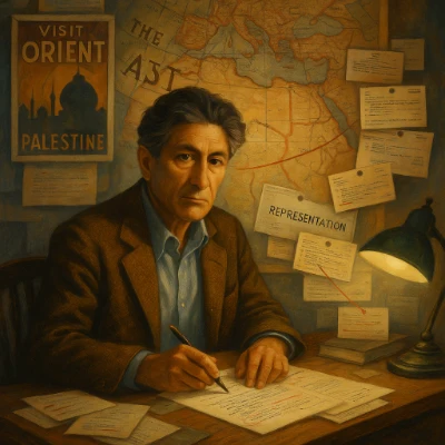 Portrait of Edward Said in a study, flanked by layered maps and travel posters dissolving into index cards and footnotes.
