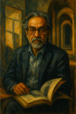 Oil portrait of Homi K. Bhabha in three-quarter view, wearing glasses and a dark jacket, holding an open book; behind him, a split backdrop shows a bright window and a shadowed corridor forming an in-between “third space.”