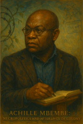 Oil portrait of Achille Mbembe in three-quarter view, wearing glasses and a dark jacket, writing in a notebook; faint barbed wire turns into vines, with passport-stamp marks fading in the background.