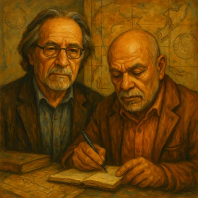 Dual oil portrait of Walter Mignolo and Aníbal Quijano—Mignolo facing the viewer in glasses, Quijano writing in a notebook—set before a faded colonial map.