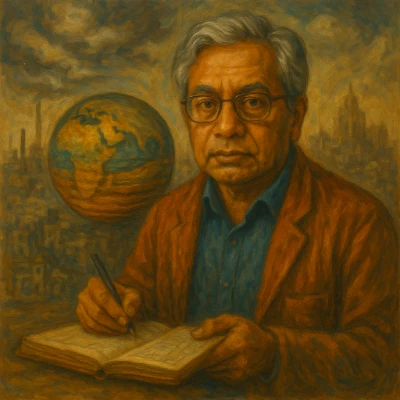 Oil portrait of Dipesh Chakrabarty in three-quarter view, wearing glasses and a rust jacket, holding an open ledger; behind him a globe layered like geology floats over a hazy industrial city.