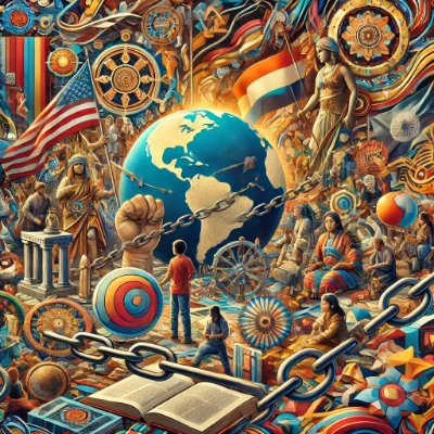 Colorful collage of postcolonial symbols: a globe with broken chains, protest fist, Lady Justice, flags, Indigenous figures, books and compasses—signifying resistance, identity and decolonization.