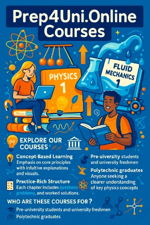 Prep4Uni.Online Courses banner featuring students, physics and fluid-mechanics icons, checklists, and a bold title emphasizing concept-based, practice-rich university prep.