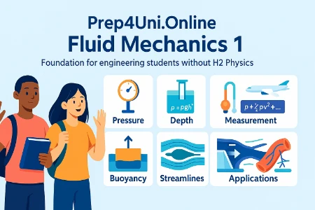 Course banner for “Prep4Uni.Online – Fluid Mechanics 1,” with icons for pressure, p = ρ g h depth, manometers, buoyancy, streamlines/continuity, Bernoulli, and real-world applications.