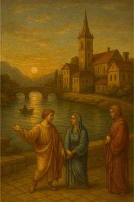 A balanced Renaissance oil painting of a small riverside town at dusk: a three-arched stone bridge crosses a calm river, townspeople converse in the foreground, and a church with a tall spire rises among warm, sunlit buildings; the scene is rendered with linear perspective and gentle atmospheric depth.
