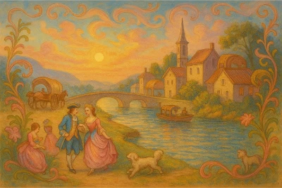 Rococo-style pastoral sunset by a river: 18th-century couple strolling with a poodle, arched bridge, boat, village, floral scroll border.