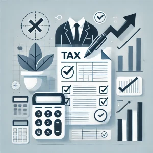 Tax compliance concept with checklist, calculators, charts, and a suited figure, symbolizing accurate filing and reporting.