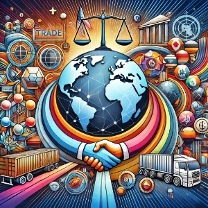 Handshake beneath a globe and justice scales, surrounded by cargo trucks, shipping icons, and government pillars—symbolizing global trade rules and enforcement.