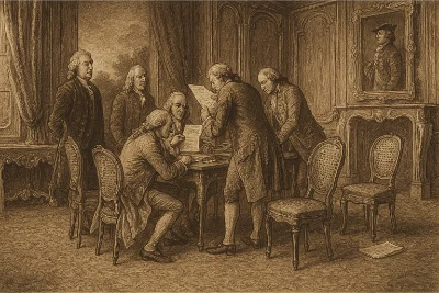 Eighteenth-century diplomats gathered around a candlelit table in a Rococo salon, studying a treaty draft with quills, scattered papers, and a portrait above the mantel.
