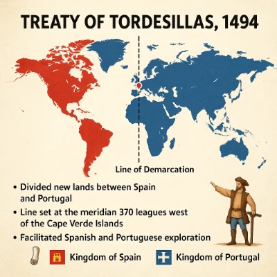 Educational world map titled “Treaty of Tordesillas, 1494,” with red (Spain) and blue (Portugal) areas split by dashed meridian lines; legend and explorer/scroll icons.