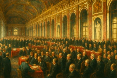 Panoramic scene in the Hall of Mirrors at Versailles showing Allied leaders, delegates, and press assembled around red-covered tables as the Treaty of Versailles is signed in 1919.