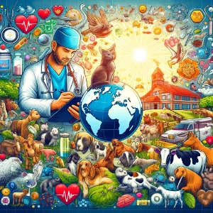 Colorful veterinary science collage—vet writing on clipboard, globe, many animals (pets and farm), clinic building, medical icons, bright sun.