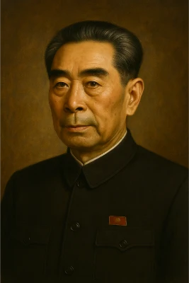 Oil-portrait of Zhou Enlai in a dark Mao suit, facing slightly left, with neatly combed gray-black hair and a calm, steady expression against a warm brown background.