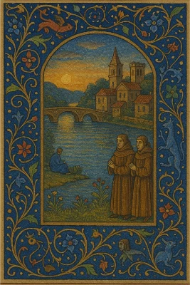 Illuminated manuscript page showing a riverside town at dusk within an arched frame, two monks in brown robes, a stone bridge, and rich blue-and-gold floral borders with small animals.