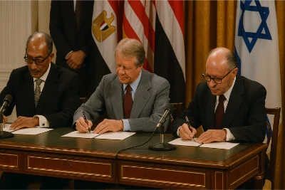 Color image of Egyptian President Anwar Sadat, U.S. President Jimmy Carter, and Israeli Prime Minister Menachem Begin seated at a green-topped desk, each signing documents, with microphones and U.S. flags behind them—depicting the 1978 Camp David Accords.