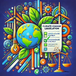Illustration of Earth with leaves, wind turbines, a justice scale, and a checklist labeled “Climate Change Legislation,” highlighting support for clean energy.