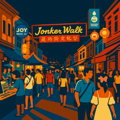 Artist impression of Melaka’s Jonker Street night market along the river: lanterns, Peranakan shophouses, vendors and mixed-language signs.