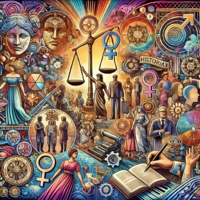 Colorful collage on gender and cultural history—scales of justice, male and female symbols, diverse figures across eras, books and gears, classical statues, and protest scenes radiating from a bright center.
