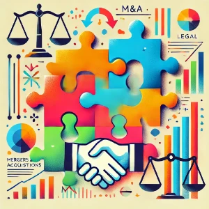 Colorful puzzle pieces with a handshake at the center, scales of justice, charts, and the words “M&A” and “Mergers & Acquisitions,” symbolizing deal-making and legal/financial integration.
