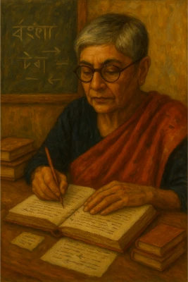 Oil portrait of Gayatri Chakravorty Spivak in a red-orange sari and glasses, writing in an open notebook at a wooden desk; beside her are stacked books, and a chalkboard with abstract Bengali script and directional arrows.