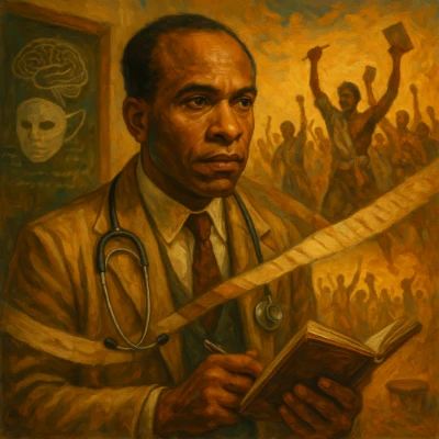 Fanon framed by a clinic and a protest street, with medical diagrams blending into a crowd casting off colonial dress.