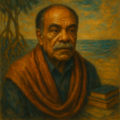 Oil portrait of Édouard Glissant in three-quarter view, draped in a rust shawl, with mangrove roots and a Caribbean sea horizon behind him.