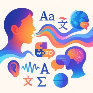 Abstract illustration of linguistics showing a speaking profile, colourful sound waves, world scripts, a brain outline, and speech bubbles connected across a globe.