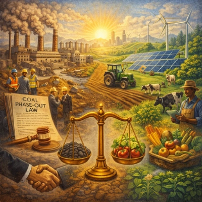 Illustration contrasting coal phase-out reform and sustainable farming: a smoky coal power plant with workers and a “COAL PHASE-OUT LAW” document and gavel on the left, and on the right a sunlit landscape with wind turbines, solar panels, a tractor, grazing cows, and a farmer holding a tablet; scales in the center balance coal against fresh produce.