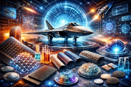 Futuristic aerospace materials lab scene with a sleek jet on a platform, surrounded by carbon-fiber composites, metal samples, and glowing microstructure visuals.