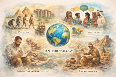 Illustration showing anthropology as the study of humanity across time and cultures.