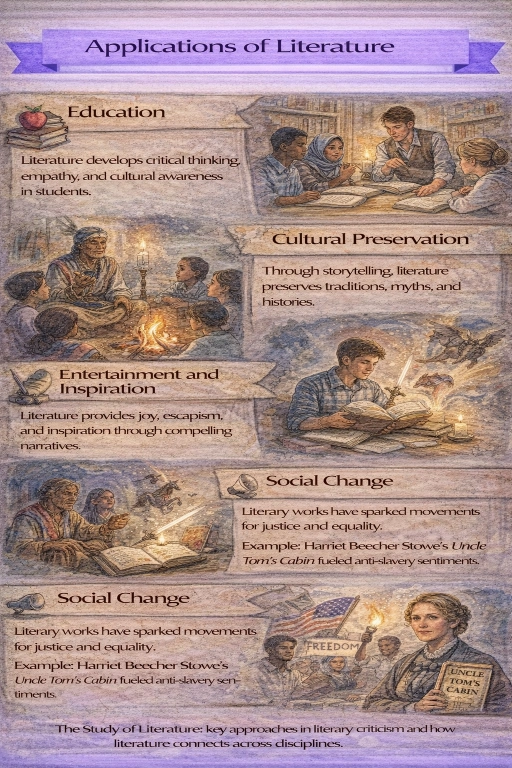 Watercolor infographic titled “Applications of Literature,” showing panels for Education, Cultural Preservation, Entertainment and Inspiration, and Social Change, with scenes of students studying, storytelling by candlelight, a reader with fantasy imagery, and activism imagery linked to Uncle Tom’s Cabin.