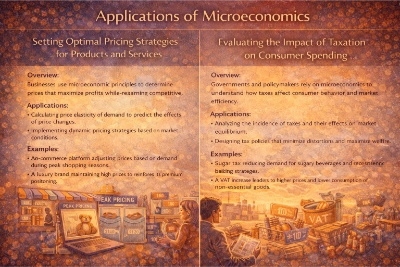 Two-panel infographic titled “Applications of Microeconomics” showing optimal pricing strategies (elasticity and dynamic pricing) on the left and taxation effects on consumer spending (VAT and sugar tax) on the right.