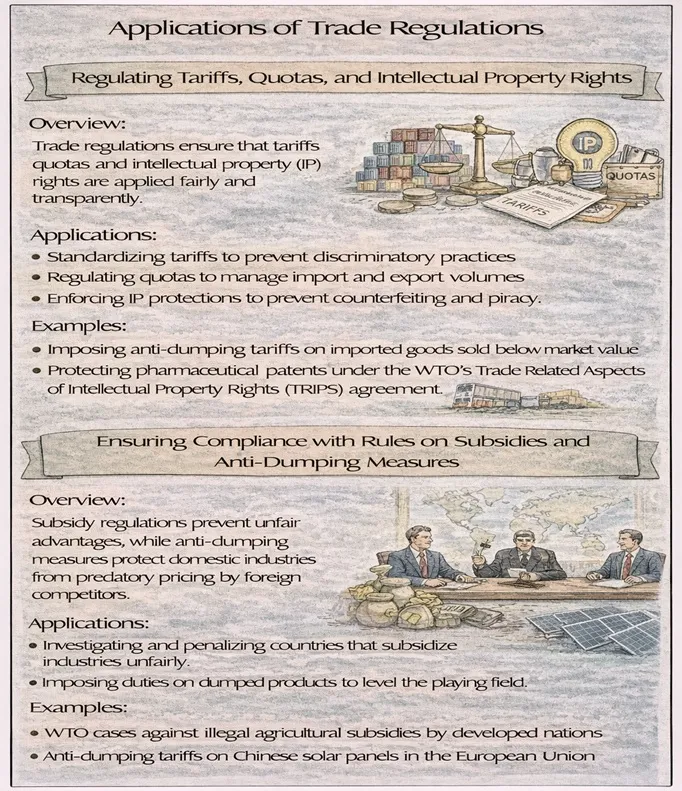IDEF-style infographic showing applications of trade regulations: (1) regulating tariffs, quotas, and intellectual property rights, and (2) ensuring compliance with subsidy rules and anti-dumping measures, with examples like anti-dumping tariffs, TRIPS patent protection, WTO subsidy cases, and EU duties on Chinese solar panels.