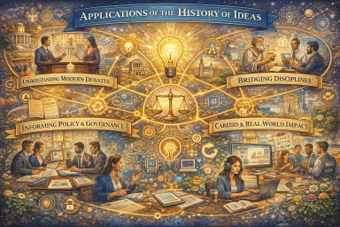 Illustration showing applications of the history of ideas in policy, media, and technology.