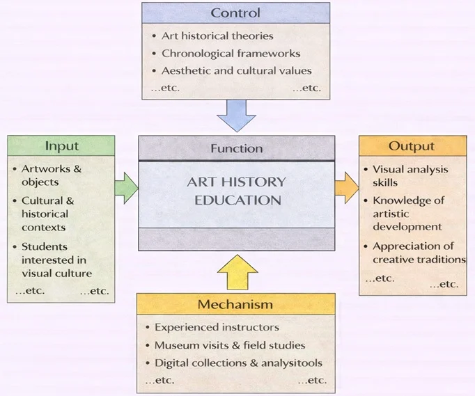IDEF0 diagram of Art History Education showing a central “Function” box with Inputs (artworks and objects, cultural and historical contexts, students interested in visual culture), Controls (art historical theories, chronological frameworks, aesthetic and cultural values), Mechanisms (experienced instructors, museum visits and field studies, digital collections and analysis tools), and Outputs (visual analysis skills, knowledge of artistic development, appreciation of creative traditions).